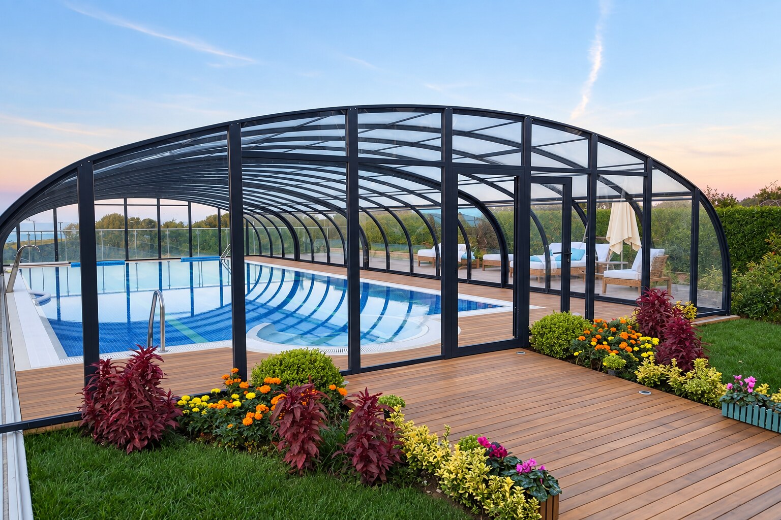Sistem de închidere pentru piscină cu structură curbată, vedere frontală și acces