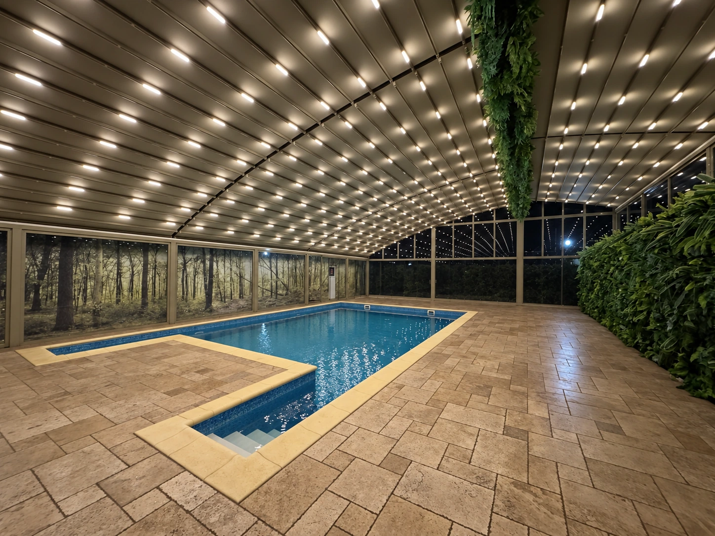 Vedere nocturnă a piscinei acoperite cu pergolă curbată și iluminare LED în Păulești.