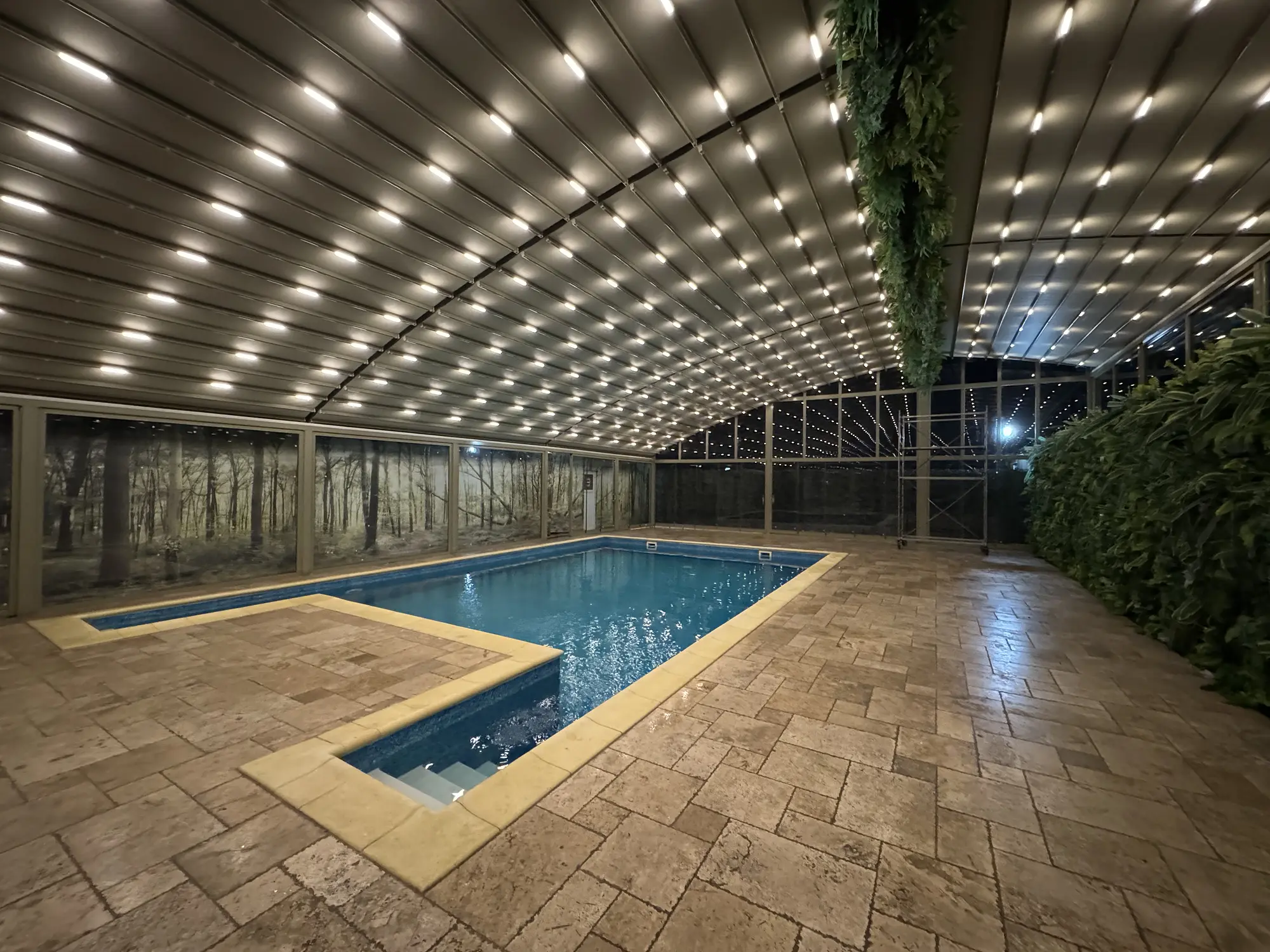 Pergolă retractabilă curbată Palmier FER-AL deasupra unei piscine