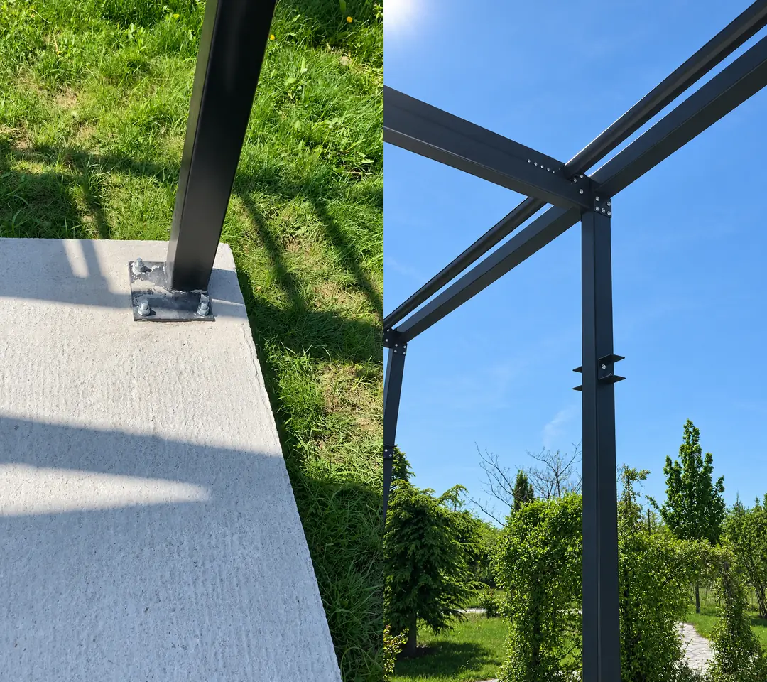 Detalii de fixare pe beton și îmbinare mecanică între stâlp și grinzile pergolei