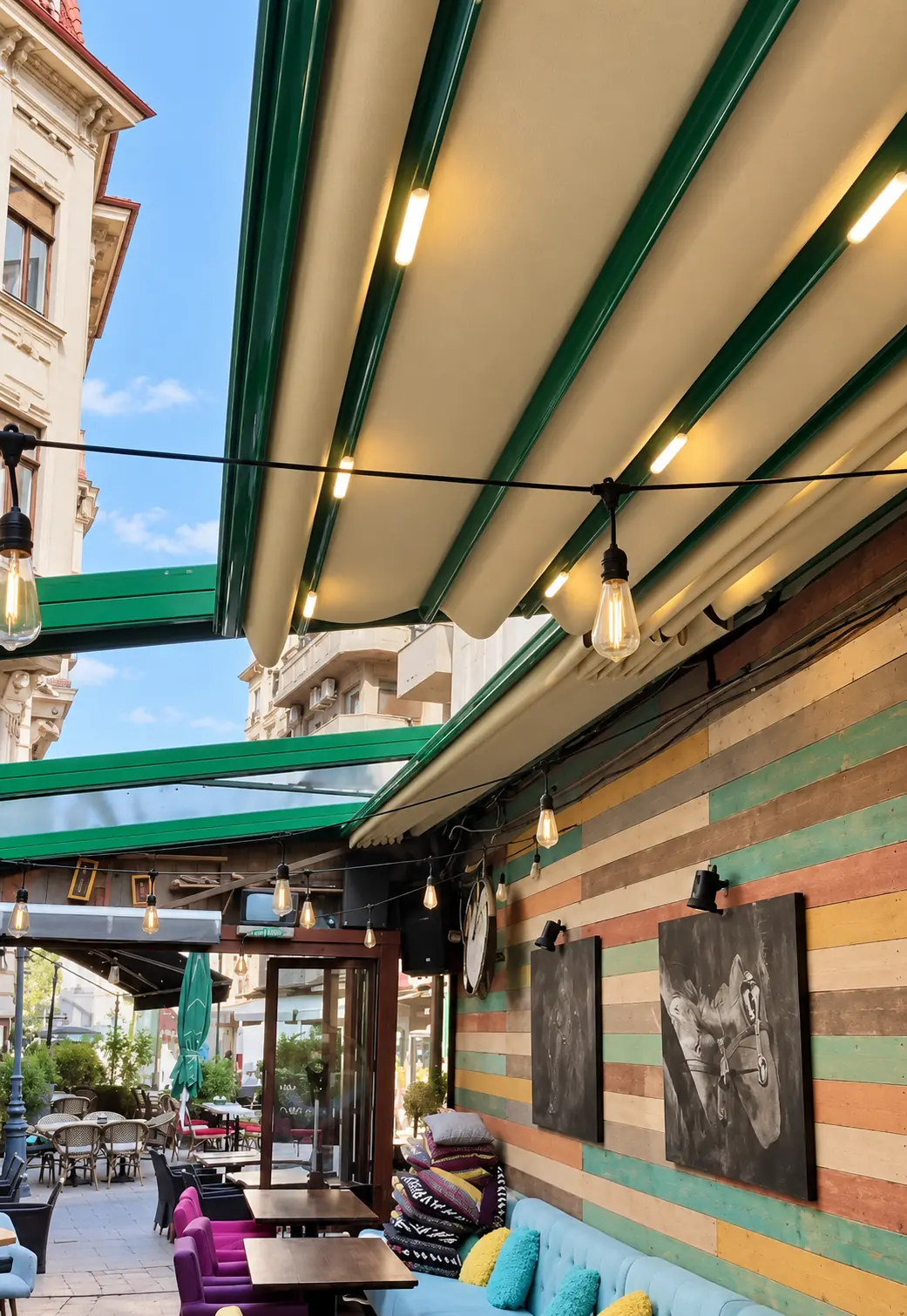 Membrană blackout bej și iluminare LED caldă la pergolele Ibiza