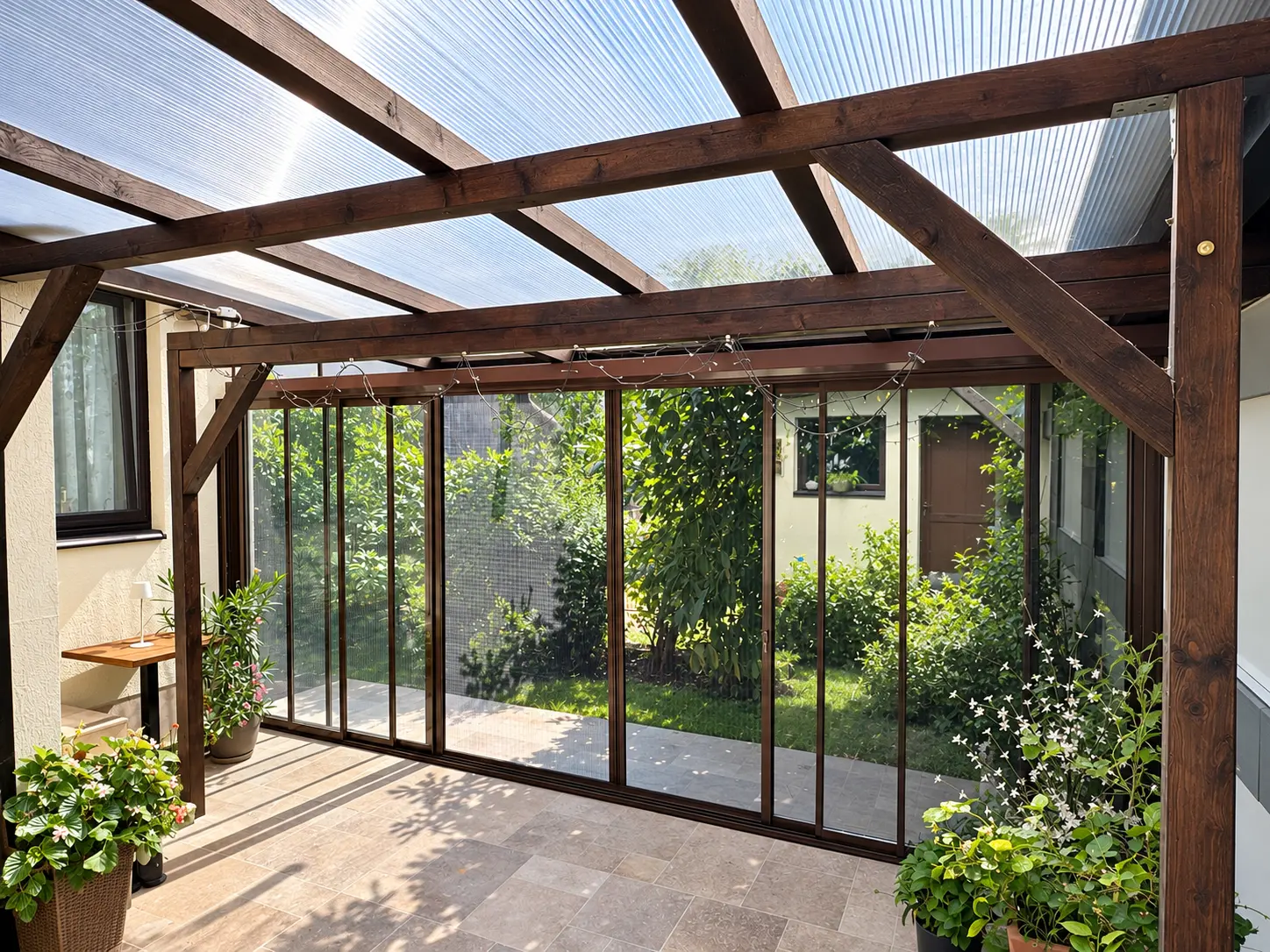 Închidere de terasă cu sticlă glisantă văzută din interior în Pitești